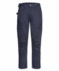 The PW134 navy blue cargo pants by Portwest, featuring multiple pockets and reinforced knees, are displayed against a white background.