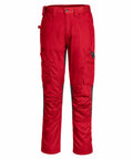 Portwest PW134 cargo pants in red featuring black knee patches, multiple pockets, and a button closure.