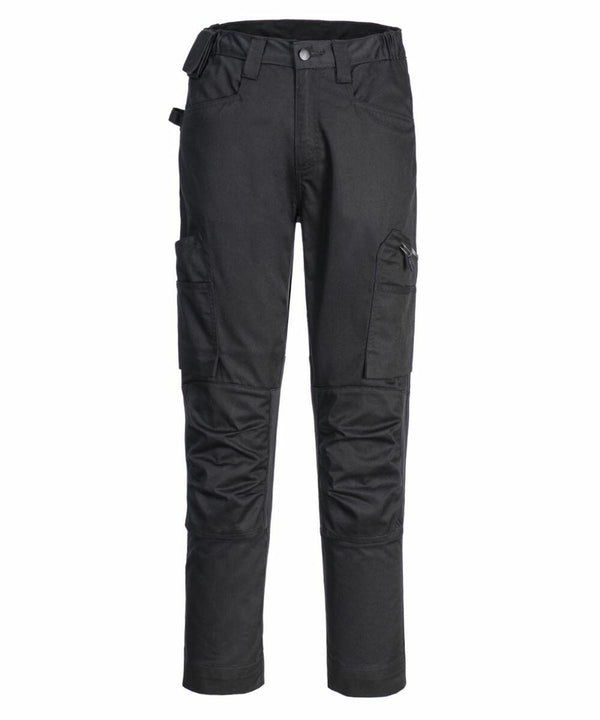 A pair of black PW134 cargo pants by Portwest with multiple pockets, belt loops, and a button closure.