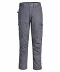 Displayed against a white background, the Portwest PW134 gray cargo pants showcase multiple side pockets that highlight their utility design. Crafted from durable fabric, these pants are perfect for outdoor or work environments.