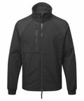 Introducing the PW135 by Portwest: a high-collared black jacket featuring a front zipper, zippered chest pocket, and long sleeves.