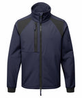 A jacket from Portwest's PW135 line, featuring a navy blue and black design with a high collar and front zipper pockets, displayed on a white background.