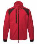 Product PW135 by Portwest is a red jacket with a high collar, black shoulder accents, a front zipper, and a zippered chest pocket.