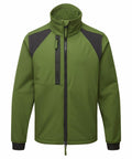 Portwest's PW135 is an olive green jacket featuring a high collar and a zippered front, complemented by black accents on the shoulders and along one side of the zipper. It also includes an angled chest pocket with a zipper on the left side.