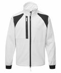 The PW135 by Portwest is a white jacket with a high collar, featuring black accents on the shoulders and black zippers on the front and side pocket. It has long sleeves with elastic cuffs.
