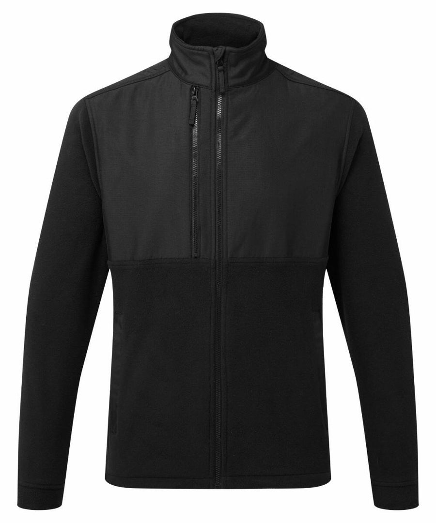 The Portwest PW136 black zip-up jacket features a high collar and a chest zipper pocket, shown against a white background.