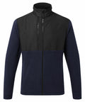 Introducing the Portwest PW136: a stylish two-toned jacket featuring a high collar and full front zipper. The upper section of the jacket is designed in sleek black, while the lower section and sleeves showcase a rich dark blue.