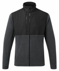 A dark grey fleece jacket with a black upper section, high collar, and full-length front zipper. The PW136 by Portwest has long sleeves and two vertical side pockets.