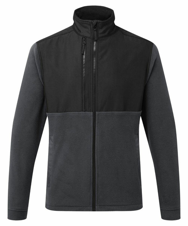 A dark grey fleece jacket with a black upper section, high collar, and full-length front zipper. The PW136 by Portwest has long sleeves and two vertical side pockets.