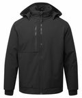 Portwest's PW137 is a black hooded jacket with a front zipper, chest pocket, and long sleeves, showcased against a white background.