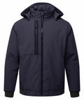 The PW137 by Portwest is a black hooded jacket featuring a front zipper, two chest pockets, and ribbed cuffs.