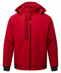 A red PW137 with a front zipper, high collar, and two front pockets. The Portwest PW137 has black cuffs and a hood.
