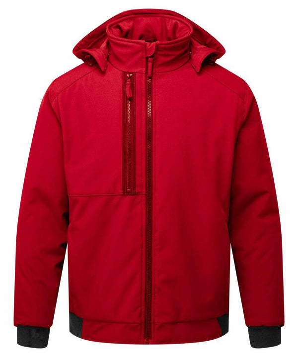 A red PW137 with a front zipper, high collar, and two front pockets. The Portwest PW137 has black cuffs and a hood.