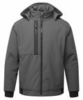 Portwest's PW137 is a gray hooded jacket featuring a front zipper, a chest pocket, and side pockets, crafted from synthetic material.