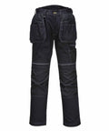 The Portwest PW138 cargo pants, featuring a black design with multiple pockets and reinforced knees, are showcased against a white background.