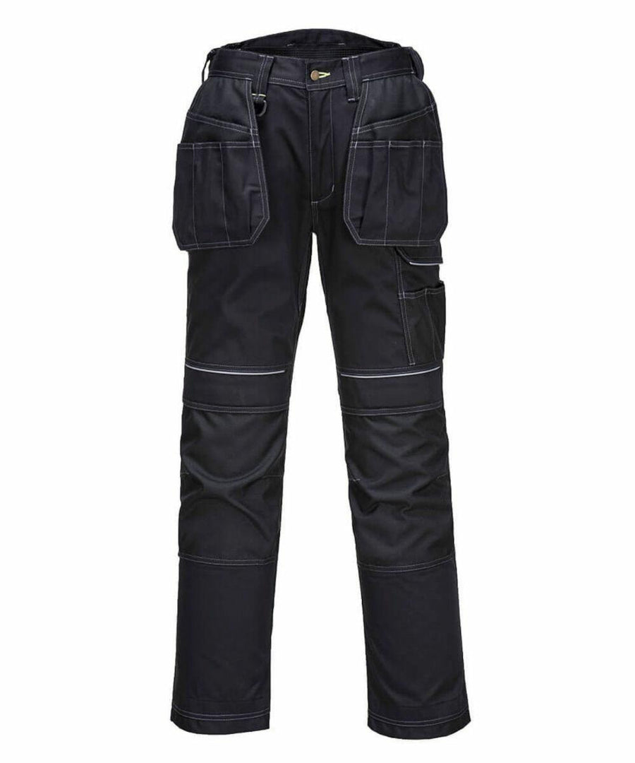 The Portwest PW138 cargo pants, featuring a black design with multiple pockets and reinforced knees, are showcased against a white background.