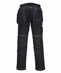 A pair of Portwest PW138 black work pants with multiple pockets and reinforced knee areas.