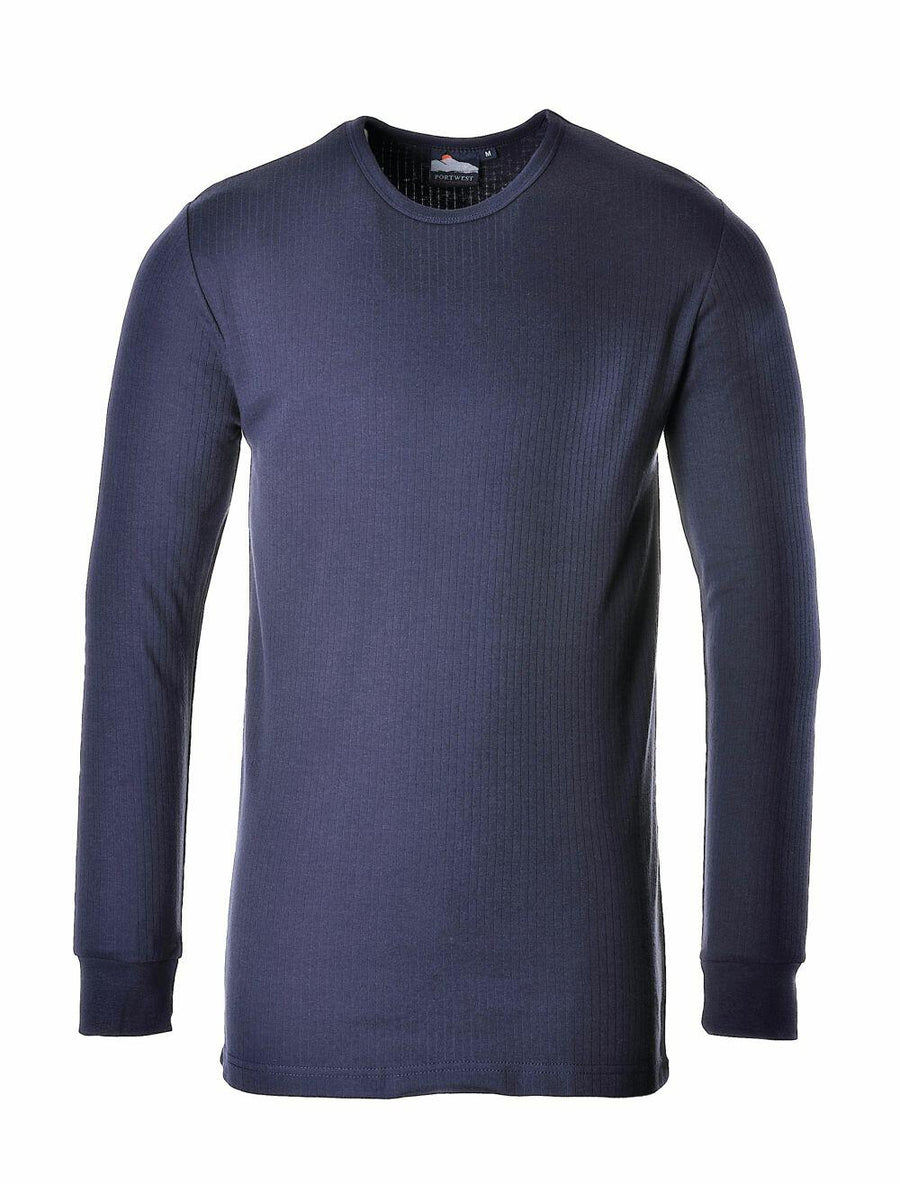 The product, PW141 by Portwest, a navy blue long-sleeve thermal shirt featuring a ribbed texture, is showcased against a white background.