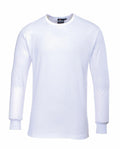 A Portwest PW141 shirt in white featuring long sleeves and a crew neck, set against a plain white background.