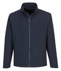 Portwest PW162 jacket in dark blue, featuring a zip-up design, high collar, long sleeves, and front pockets against a plain background.