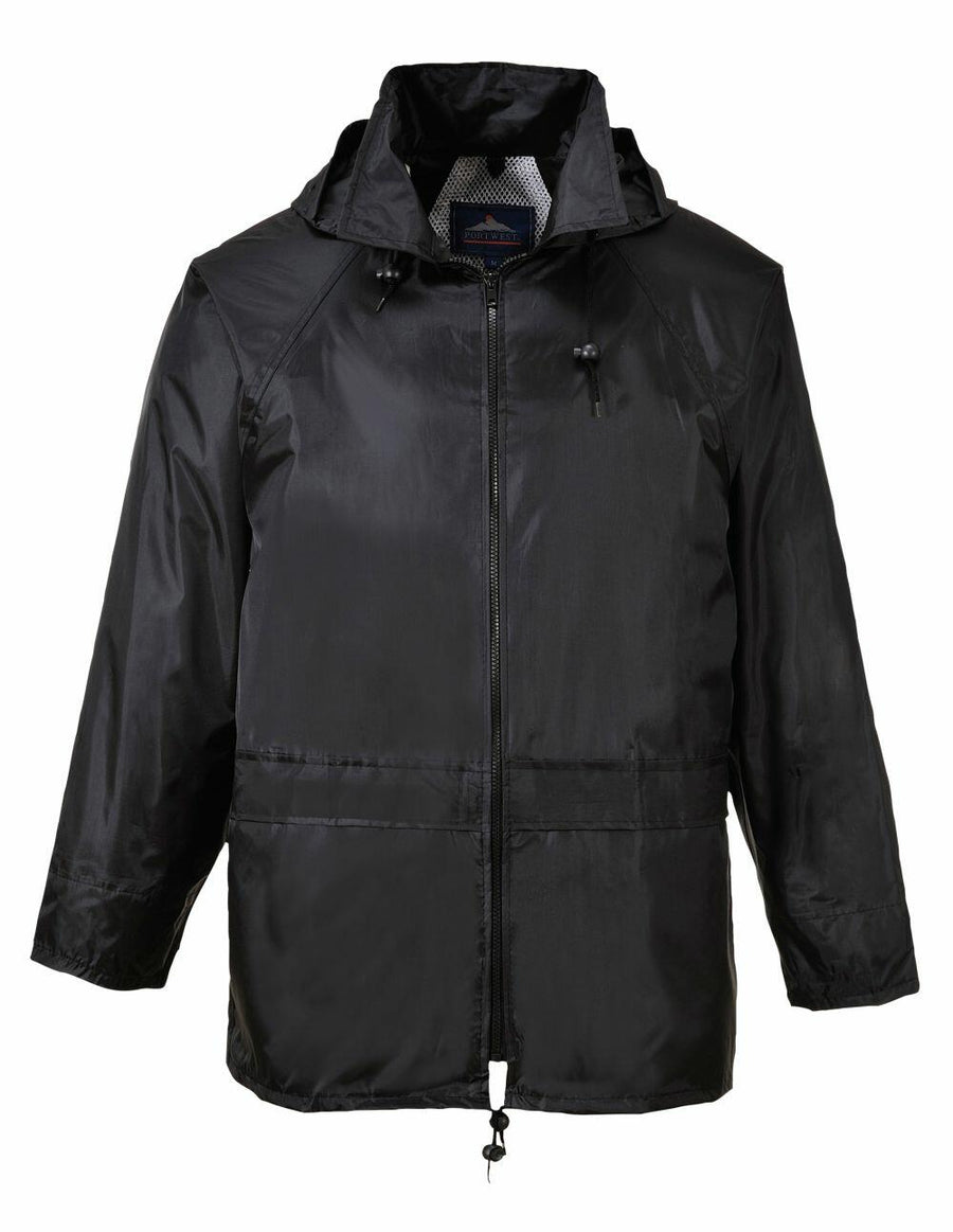 Portwest PW166 rain jacket in black features a hood with adjustable drawstrings, a front zipper, and adjustable drawstrings on the hem.