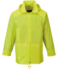 Portwest's PW166 rain jacket comes in a vibrant yellow shade, equipped with a hood, front zipper, and adjustable drawstrings.