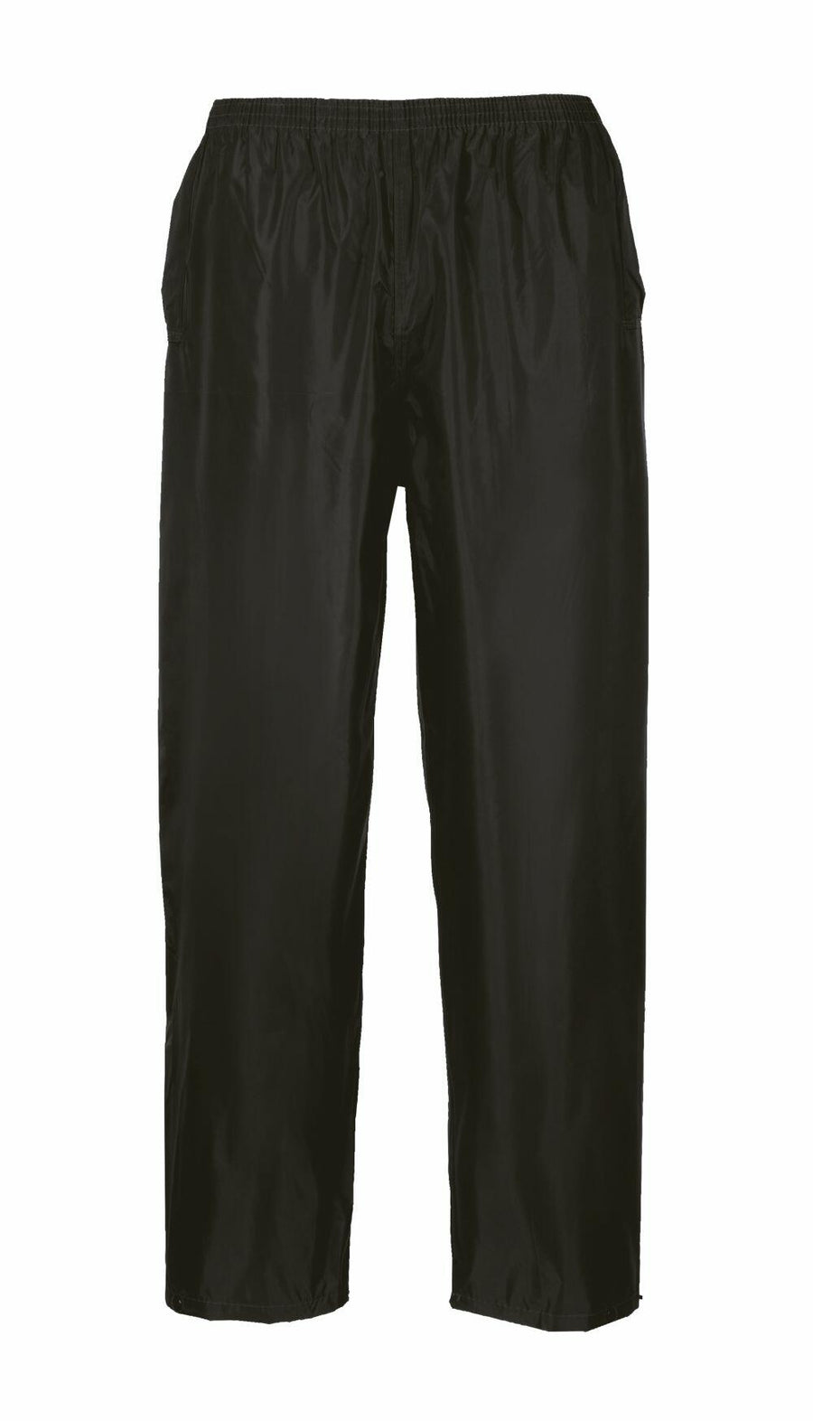 Portwest PW167 black nylon pants featuring an elastic waistband and straight legs, displayed on a white background.