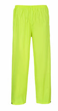 The Portwest PW167 pants, featuring a bright yellow-green color, an elastic waistband, and straight legs, are showcased against a white background.