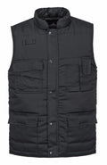 The Portwest PW169 is a black quilted vest featuring multiple front pockets and a snap button closure.