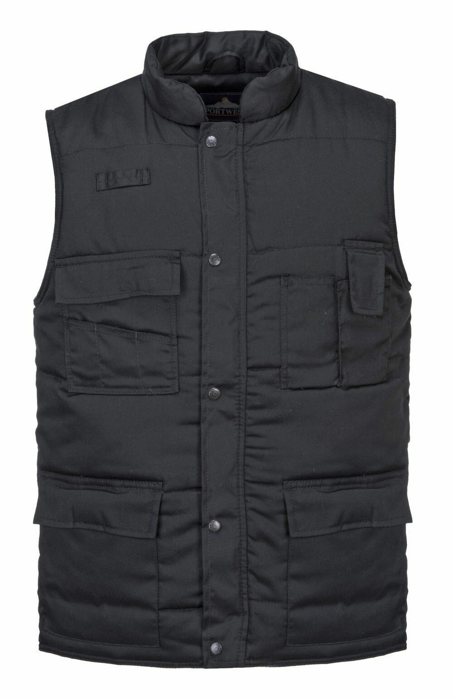 The Portwest PW169 is a black quilted vest featuring multiple front pockets and a snap button closure.