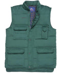 Introducing the Portwest PW169: a sleeveless vest in green, equipped with multiple pockets and snap buttons, and featuring a plaid lining.