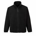 Introducing the PW171 by Portwest: a black fleece jacket featuring a high collar, a front zipper, and two zippered pockets.