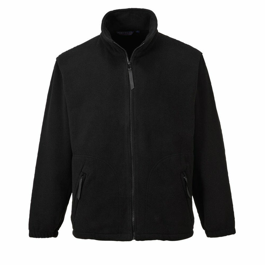 Introducing the PW171 by Portwest: a black fleece jacket featuring a high collar, a front zipper, and two zippered pockets.