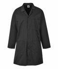 Portwest PW175 black long-sleeve lab coat with three front pockets, displayed on a hanger.