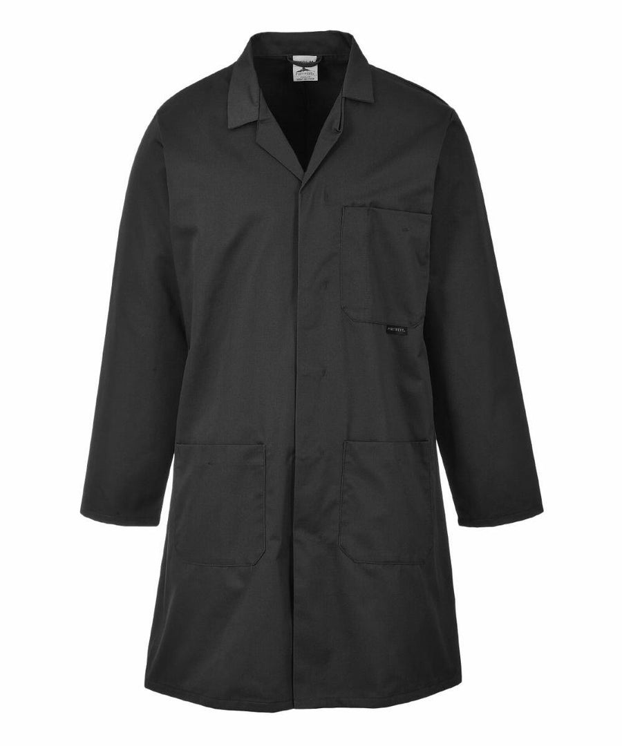 Portwest PW175 black long-sleeve lab coat with three front pockets, displayed on a hanger.