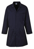 The Portwest PW175 is a navy blue lab coat featuring long sleeves, three front pockets, and a button-up front.