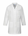 PW175 by Portwest, a white lab coat featuring three pockets, displayed against a plain background.