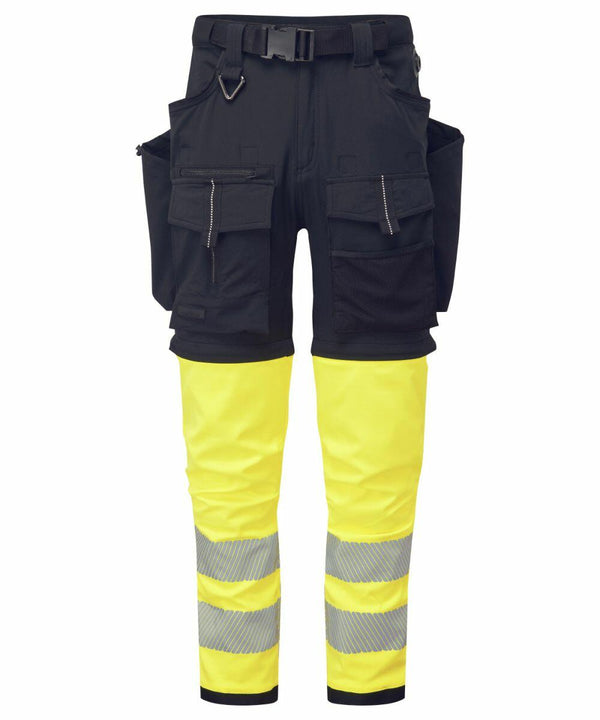 Portwest PW180 black work pants with multiple pockets and attached bright yellow high-visibility leg covers featuring reflective silver stripes.
