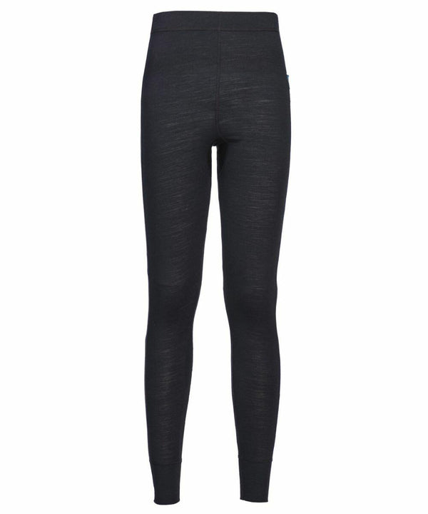 A pair of plain black, high-waisted PW181 leggings by Portwest with a slightly textured fabric.