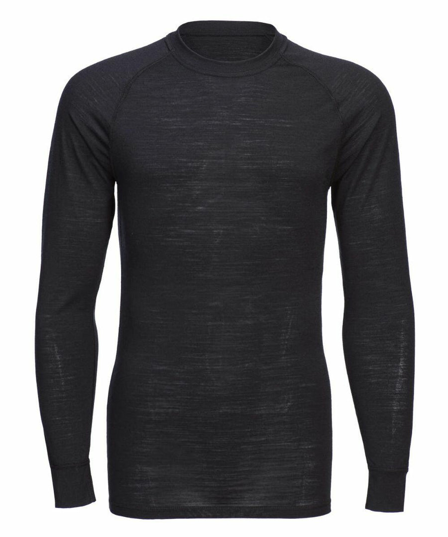Portwest's PW182 long-sleeve thermal shirt in black, featuring a round neckline, is showcased against a white background.