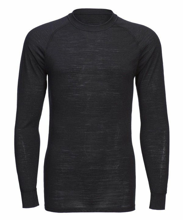 A plain, long-sleeved black thermal shirt with a crew neck, displayed against a white background. The shirt is the PW182 by Portwest.