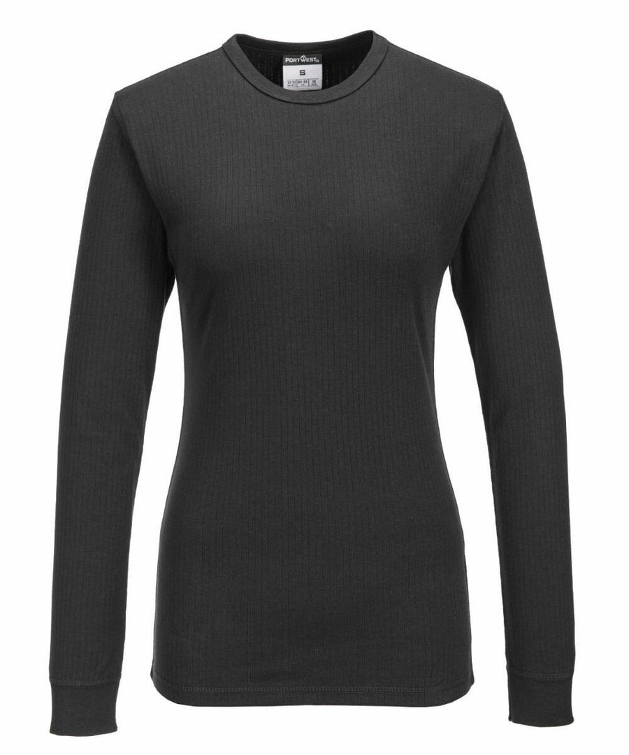 A Portwest PW184 long-sleeve shirt in plain black is displayed against a white background.