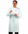 A man in a white lab coat and safety glasses holds a test tube while standing, with a Portwest PW185 in his chest pocket.
