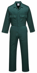 The Portwest PW200, a green coverall featuring long sleeves and chest pockets, is displayed against a white background.