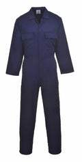 Portwest PW200 navy blue coverall featuring long sleeves and two chest pockets, displayed on a white background.
