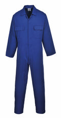 PW200 by Portwest, a blue coverall featuring long sleeves, front pockets, and a collar, is displayed against a plain white background.