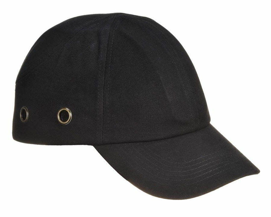 A Portwest PW220 baseball cap in black, featuring two metal eyelets on the side.