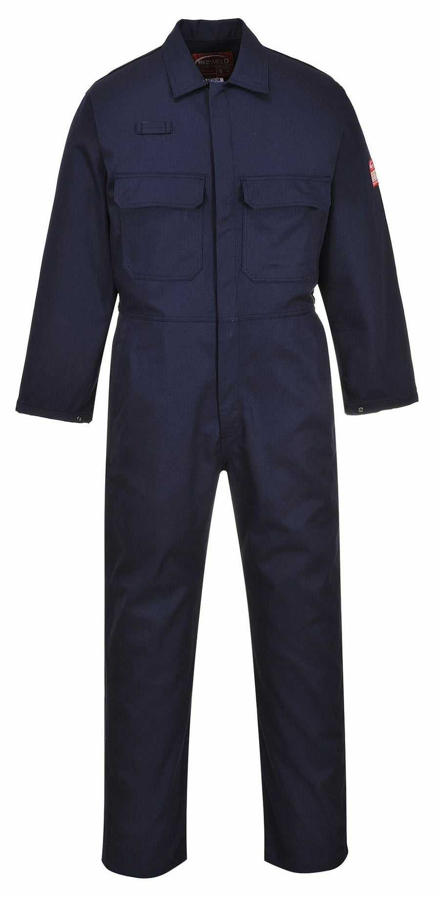 Portwest PW250 coverall in dark blue featuring long sleeves, two chest pockets, a collar, and a button closure.