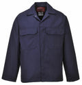 Introducing the Portwest PW251: a stylish navy blue work jacket featuring a buttoned front, collar, and two convenient chest pockets.