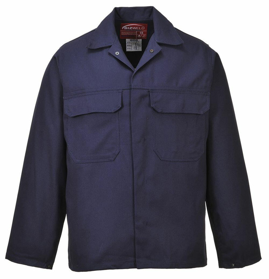 Introducing the Portwest PW251: a stylish navy blue work jacket featuring a buttoned front, collar, and two convenient chest pockets.